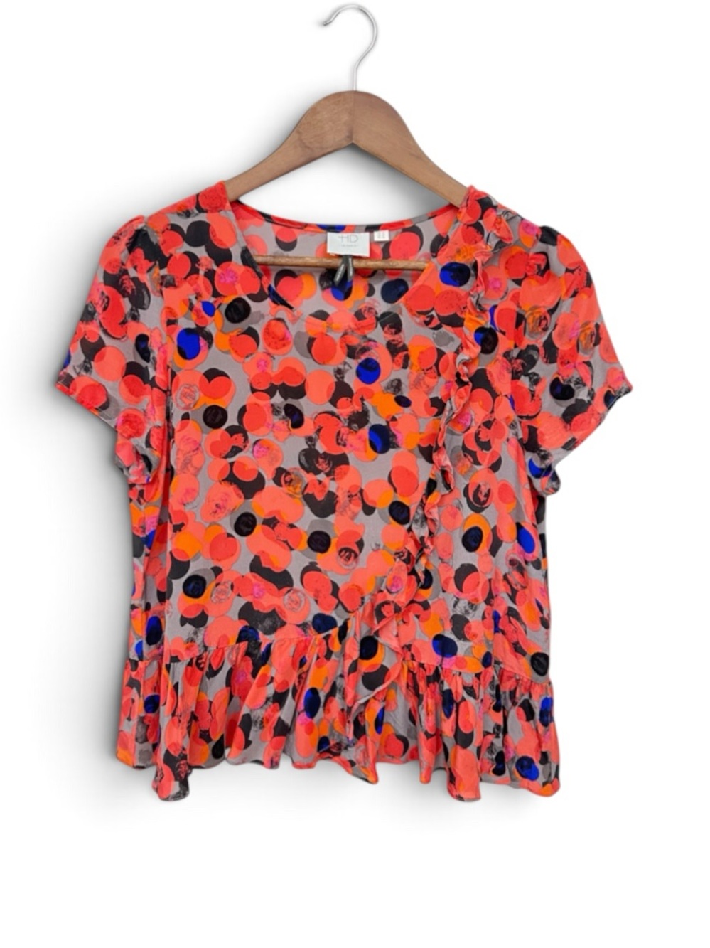 Anthropologie HD in Paris 100% Silk Blouse Floral Dot Print Ruffle Peplum Size 4